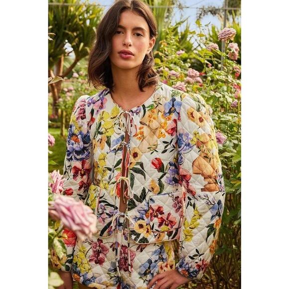 Farm Rio Off-White Greek Garden Floral Quilted Jacket Women's Size XL Multicolor - Picture 1 of 4